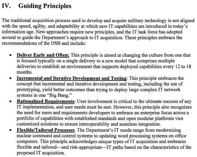 Cambios en el proceso de contrataciones de servicios de desarrollo de sistemas informáticos en el Departamento de Defensa (A New Approach for Delivering Information Technology Capabilities in the Department of Defense, 2010)